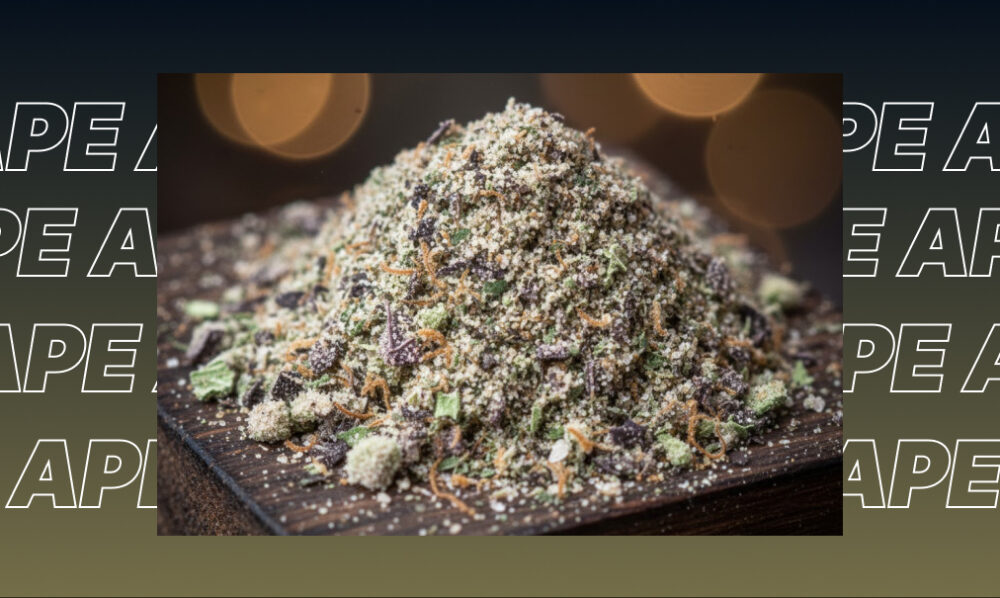 A pile of finely ground green cannabis flower with visible orange hairs on a dark wooden surface.