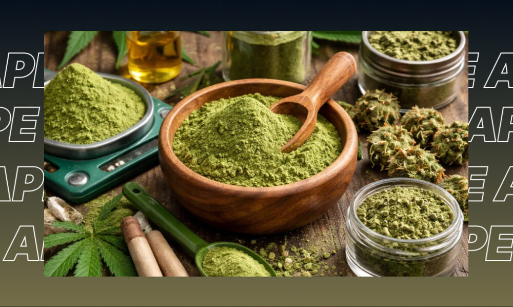 A wooden tray featuring a large cannabis bud, ground flower, and a perfectly rolled joint in a professional setting.