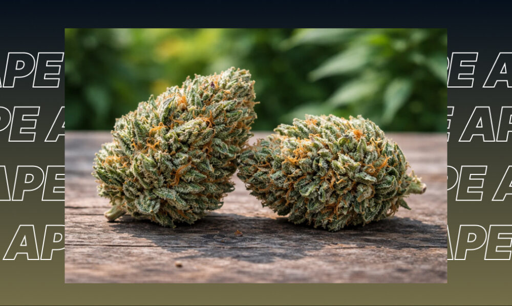 Two large, frosty cannabis buds sitting on a wooden surface, showcasing premium indoor cannabis quality.