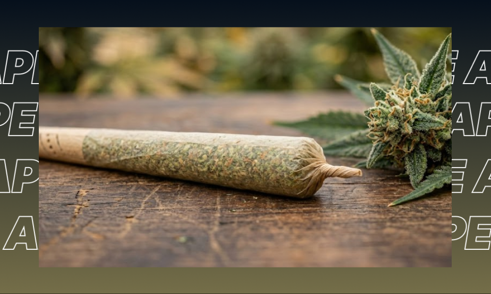 Best Weed Strains In Petaluma Two dense, resinous cannabis buds with amber hairs resting on a rustic wooden surface next to a joint.