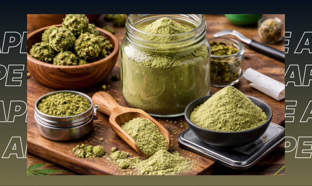 ars and bowls of ground green cannabis flower and potent kief on a wooden surface.