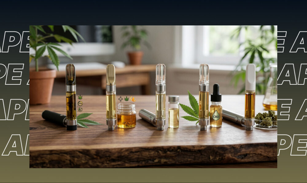 A collection of 510-thread cannabis vape cartridges with ceramic mouthpieces on a wooden surface.