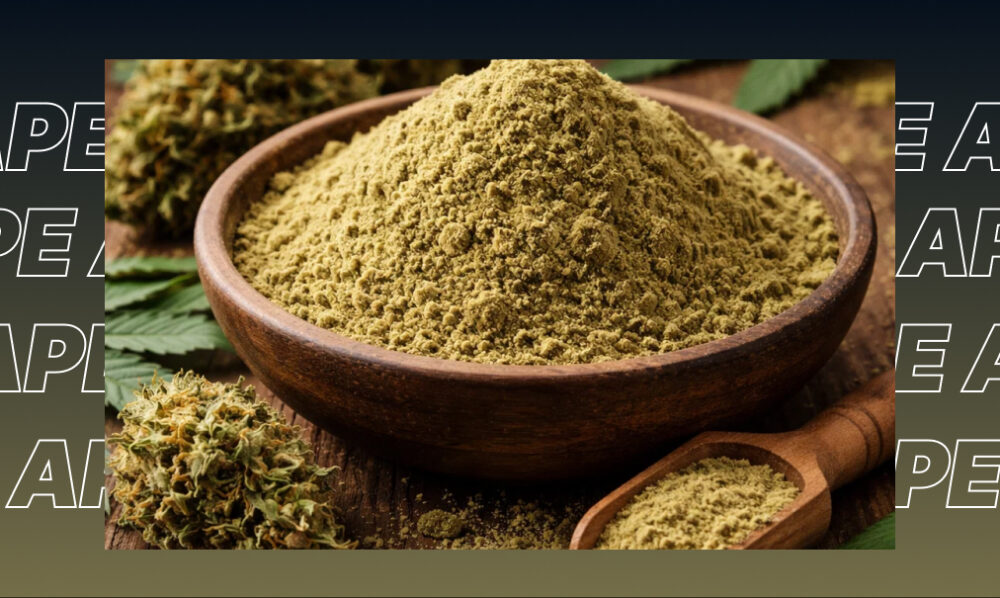 A wooden bowl filled with golden cannabis kief next to premium cannabis buds found among the best weed strains in Santa Monica.