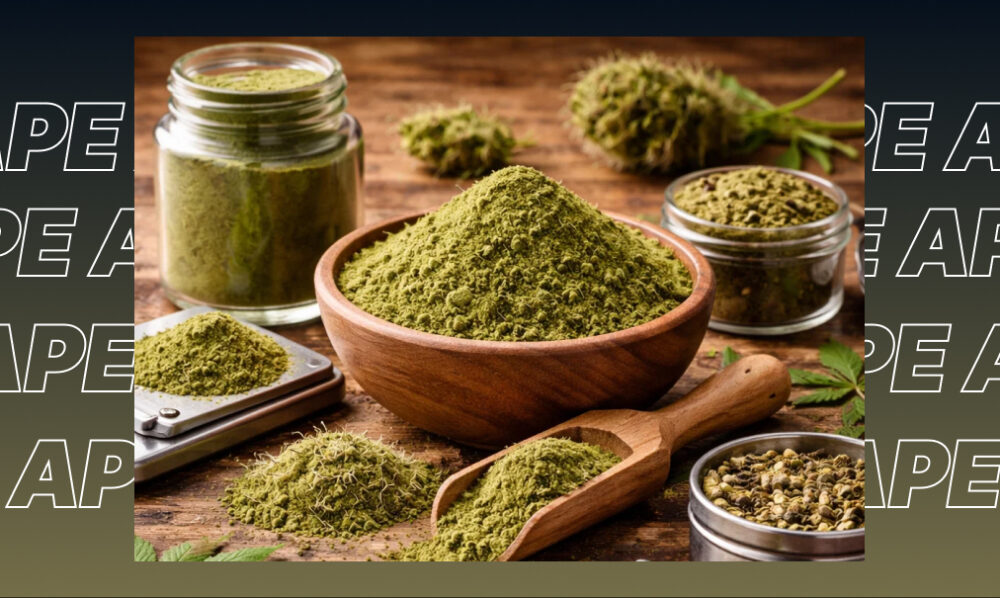 Artisanal wooden bowl and glass cannabis flower jar filled with premium ground cannabis flower.