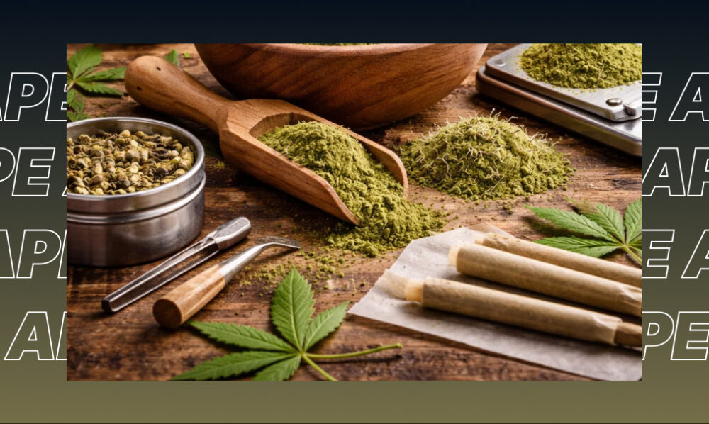 Best Weed Strains In Palm Desert A collection of THC cannabis products including pre-rolls and ground cannabis flower on a wooden table.