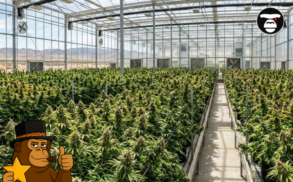 Long rows of flowering cannabis plants in a professional outdoor garden.