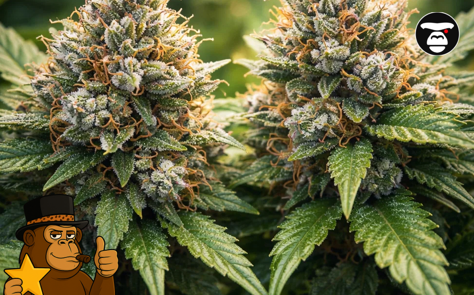 Best Weed Strains In Delano Two large, frosty cannabis colas on a live plant featuring heavy trichome production and bright orange hairs.