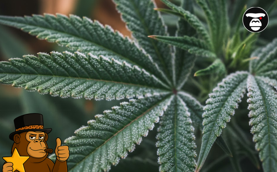 Close-up of a green cannabis fan leaf from a Fruity Pebbles plant covered in sparkling white crystalline trichomes.