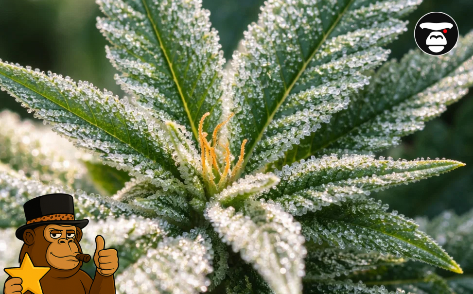 Extreme close-up of cannabis resin glands on a leaf illustrating the quality of premium indoor cannabis.