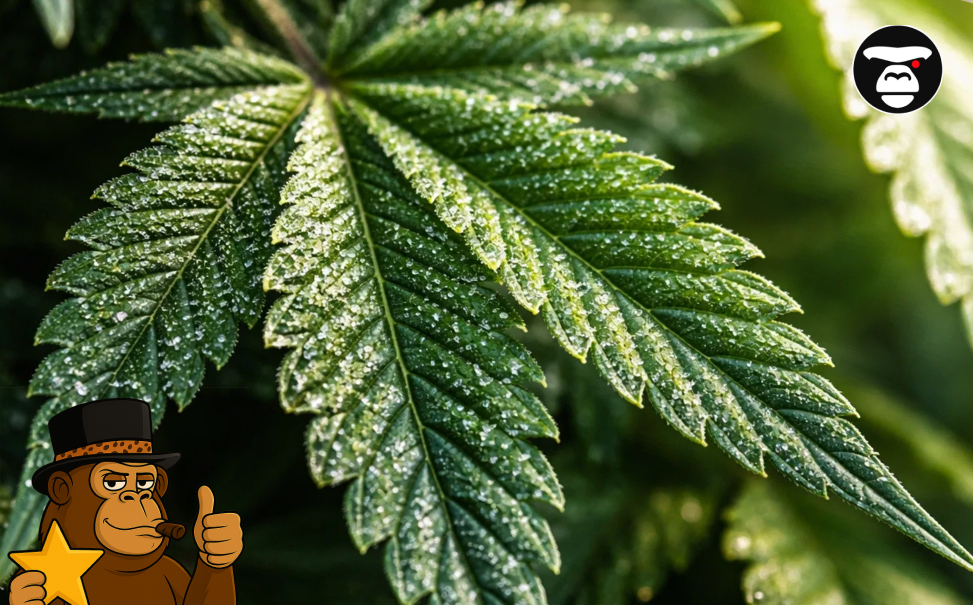 Extreme macro photography of a cannabis fan leaf coated in crystalline resin glands.