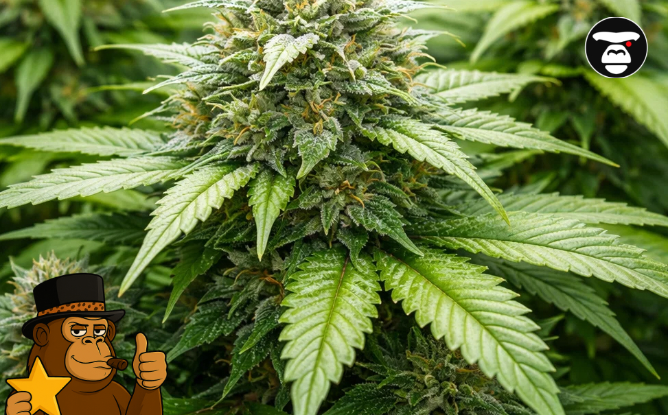 Best Weed Strains In Redondo Beach A large flowering cannabis cola with healthy green leaves ready for harvest.