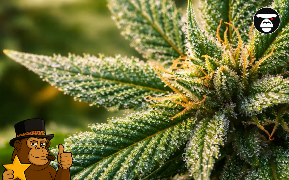 Extreme close-up of a cannabis leaf and bud sparkling with clear and amber resin glands.
