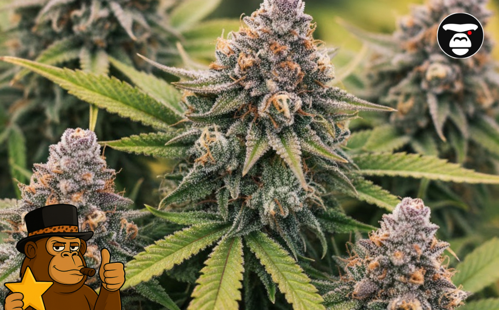 A cluster of maturing cannabis colas on the plant, displaying frosty leaves and developing resin-rich buds.