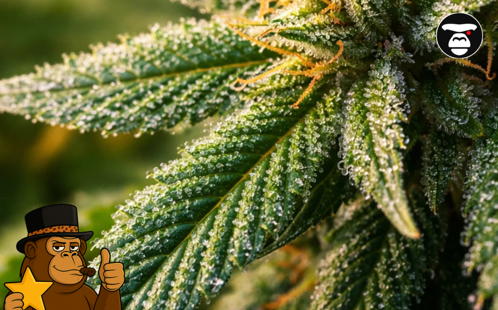 Extreme macro view of cannabis leaves covered in sparkling, crystal-like trichomes.