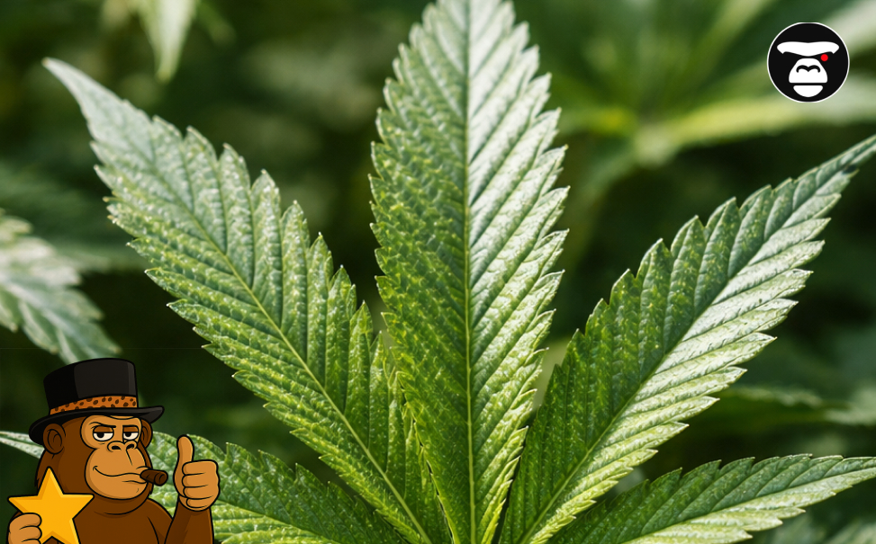 A bright green, healthy cannabis fan leaf showing intricate vein patterns and serrated edges.