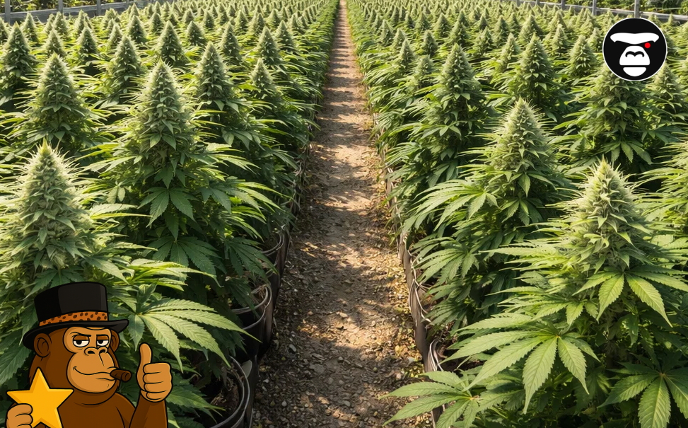 Long rows of flowering cannabis plants growing in an outdoor field.