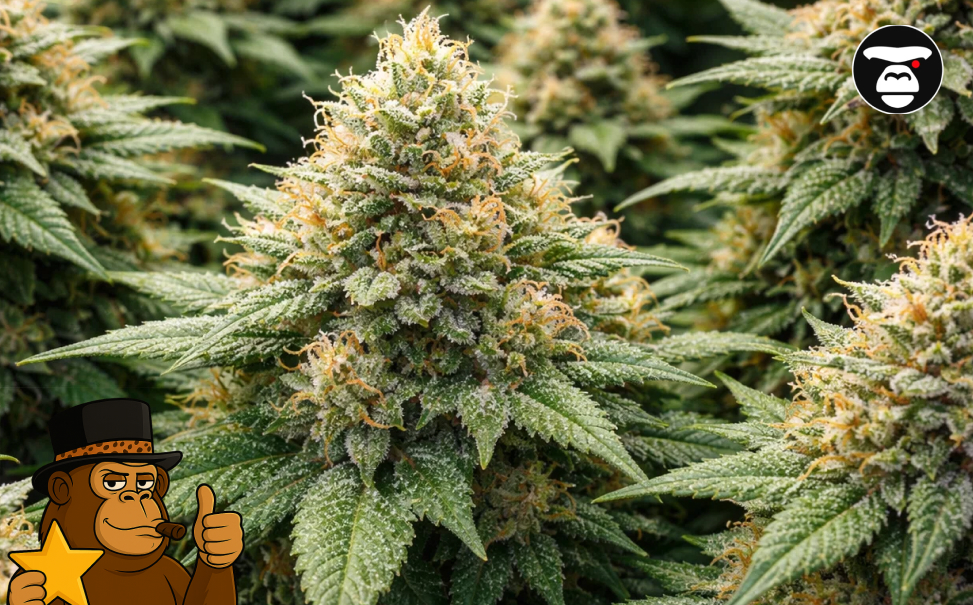 Best Weed Strains In Livermore A large, frosty cannabis flower head growing on a plant with abundant sugar leaves.