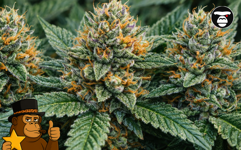 A macro view of a bright green cannabis fan leaf covered in a sparkling layer of frosty resin.