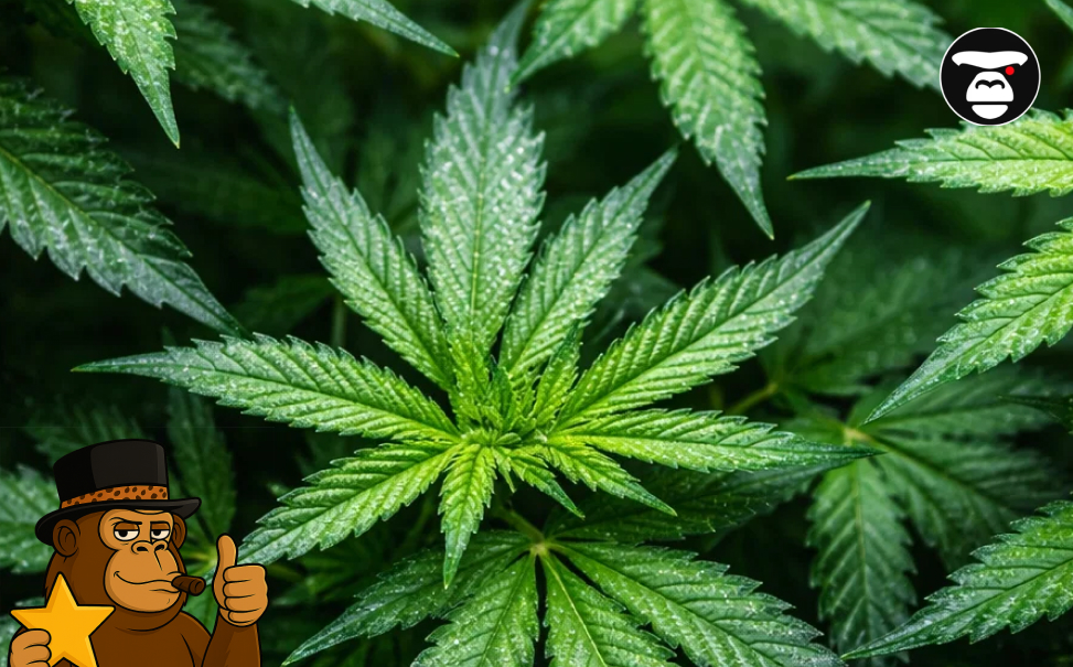 Close-up of a vibrant green cannabis leaf covered in shimmering trichomes and resin.