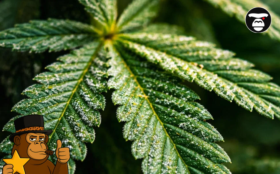 A close-up view of a green cannabis fan leaf that is almost completely covered in a thick layer of golden-white trichomes, looking like a dusty sugar coat. The Gorillape mascot with a star is in the corner.