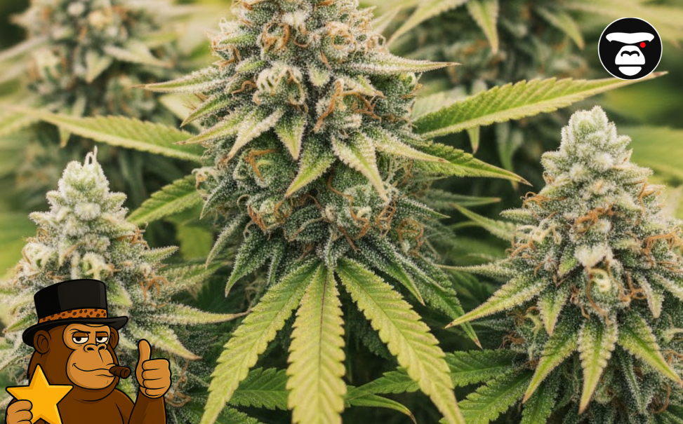 A close-up of several mature cannabis flowers still on the plant, with numerous frosty buds and prominent green fan leaves. The Gorillape mascot is making an 'OK' sign.