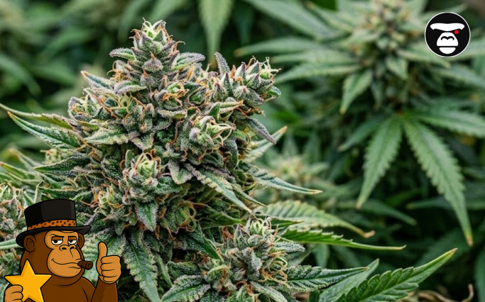 A large, frosted cannabis cola with deep green leaves and amber hairs, showcasing the peak of resin production.