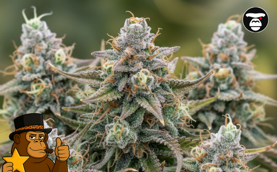 Multiple frosted cannabis colas with light green leaves and heavy trichome coverage in a professional cultivation setting.