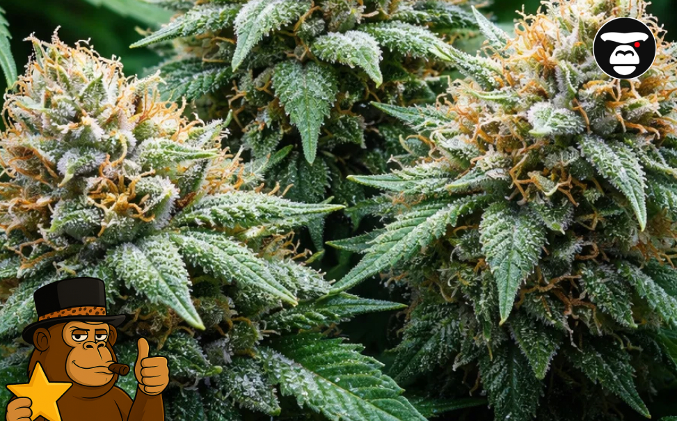 Best Weed Strains In Hesperia Three large flowering cannabis colas with white trichomes and green leaves.