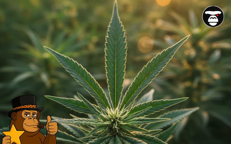 Best Weed Strains In Merced A vibrant green cannabis leaf from a resin-rich plant during the early flowering stage of indoor cultivation.