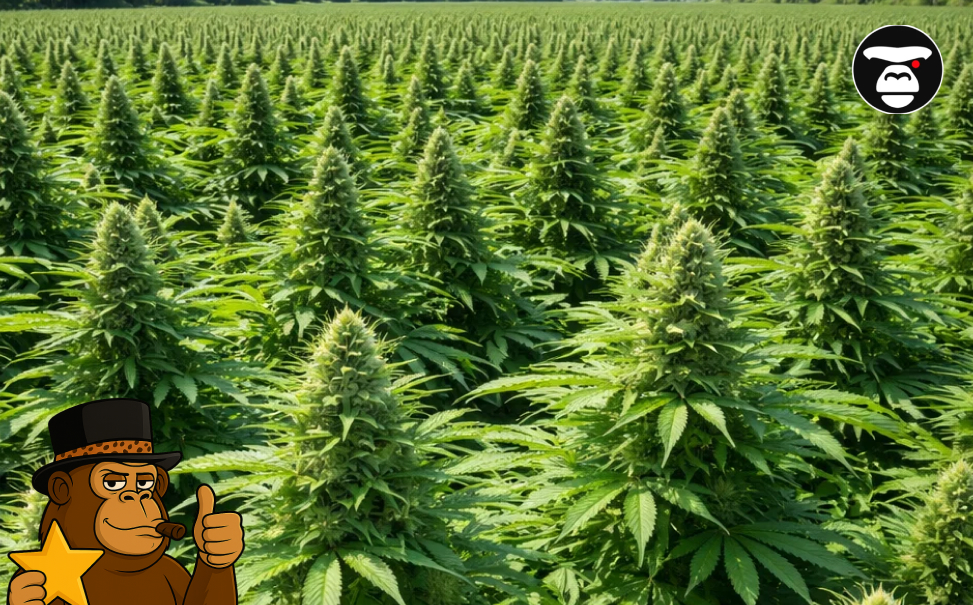A wide field of healthy, flowering cannabis plants growing under the bright California sun.