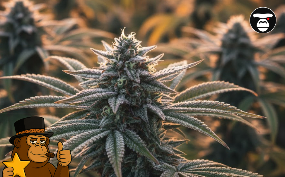 Macro detail of a cannabis leaf glistening with crystalline resin and fresh dew drops, representing premium cultivation.