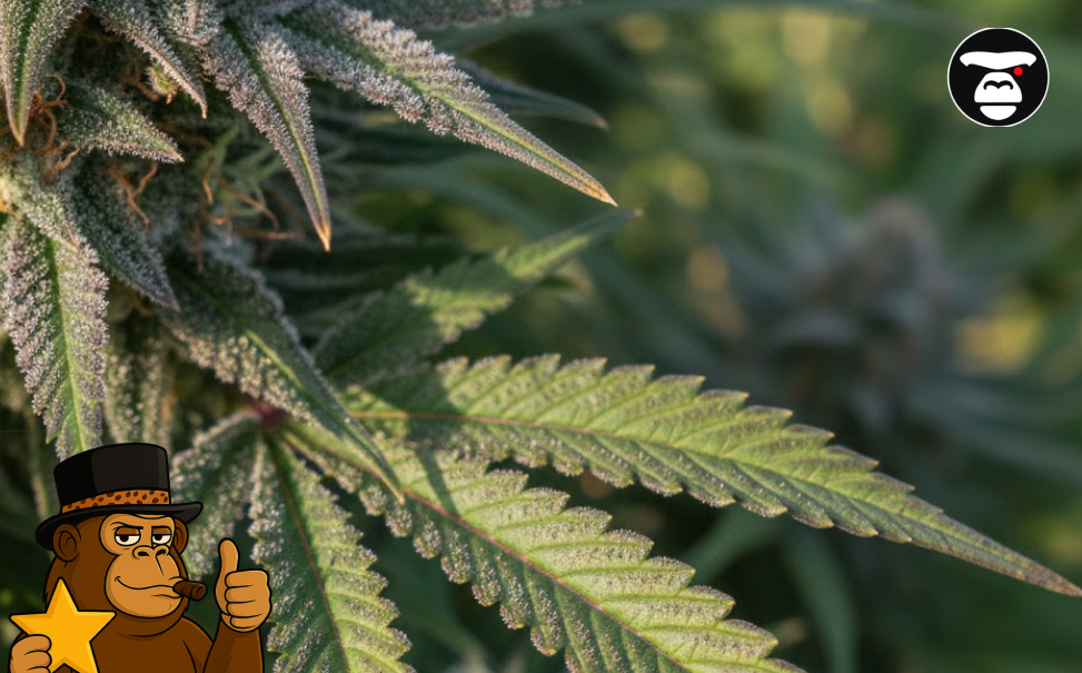 Extreme macro detail of a cannabis leaf glistening with crystalline resin and fresh dew drops representing premium cultivation.