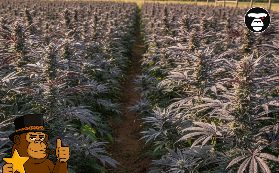 A professional indoor cannabis cultivation facility with rows of healthy, flowering plants under specialized lighting.