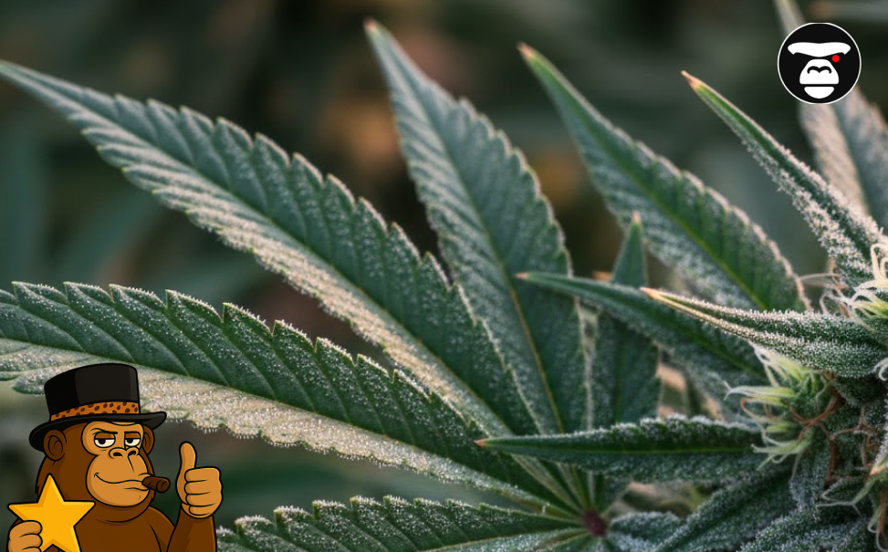 A close-up of green cannabis fan leaves covered in frosty white trichomes from a high-quality sativa plant.