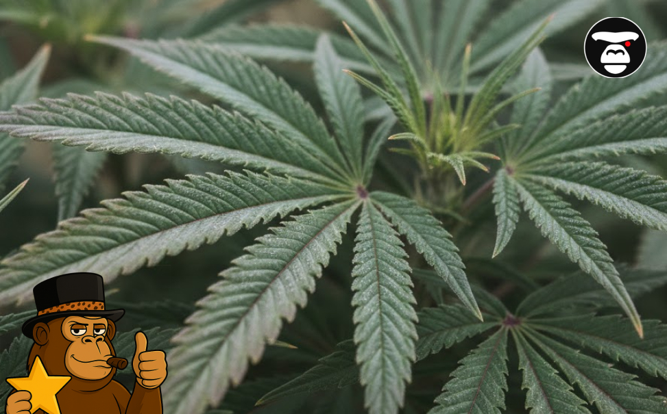 A thriving cannabis plant in an indoor grow room, displaying frosty leaves and heavy resin glands typical of premium indoor flower.