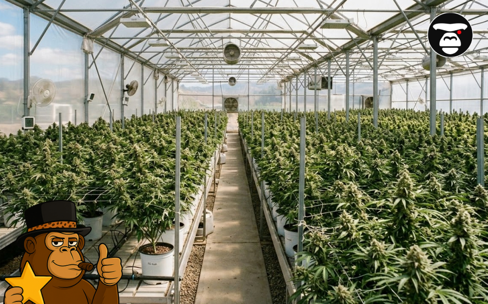 Rows of healthy green cannabis plants growing in an outdoor field.