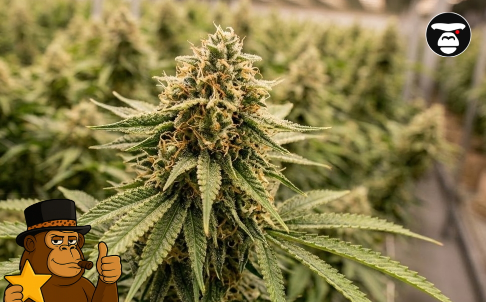 A thriving cannabis plant flowering in a professional indoor grow facility, illustrating the source of premium cannabis flower in Newport Beach.