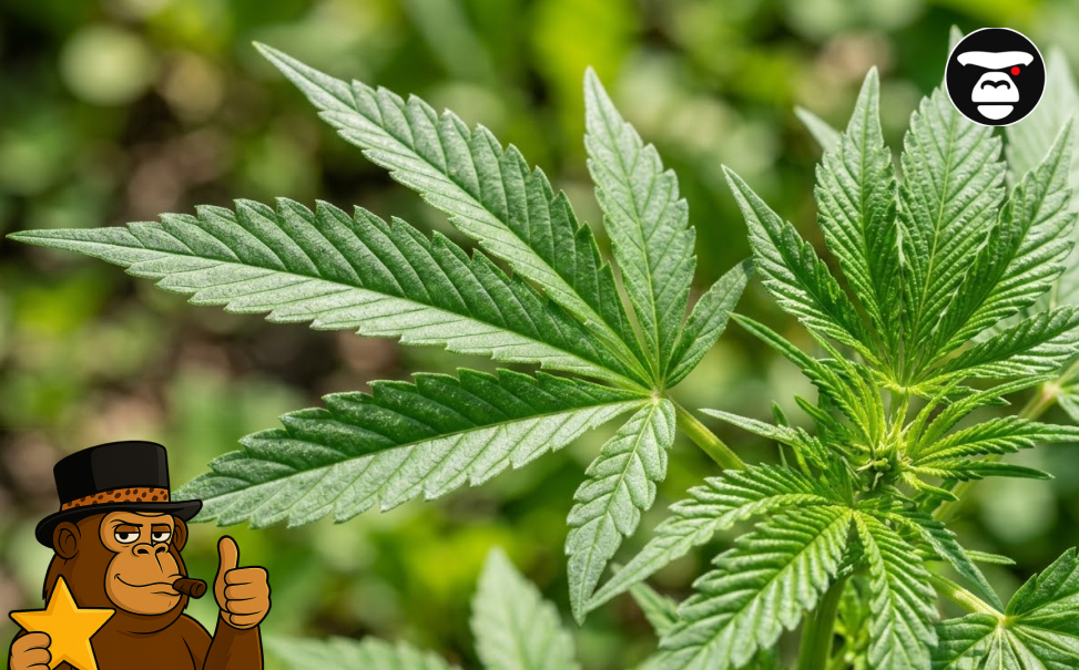 A vibrant green cannabis leaf with sharp serrations, focusing on the cultivation of the best weed strains in Huntington Beach.