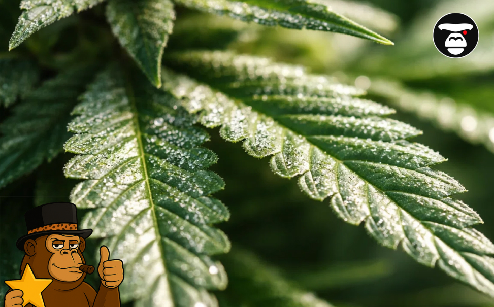 Macro shot of a green cannabis leaf covered in sparkling white trichomes, emphasizing the quality of the best weed strains in Carlsbad.
