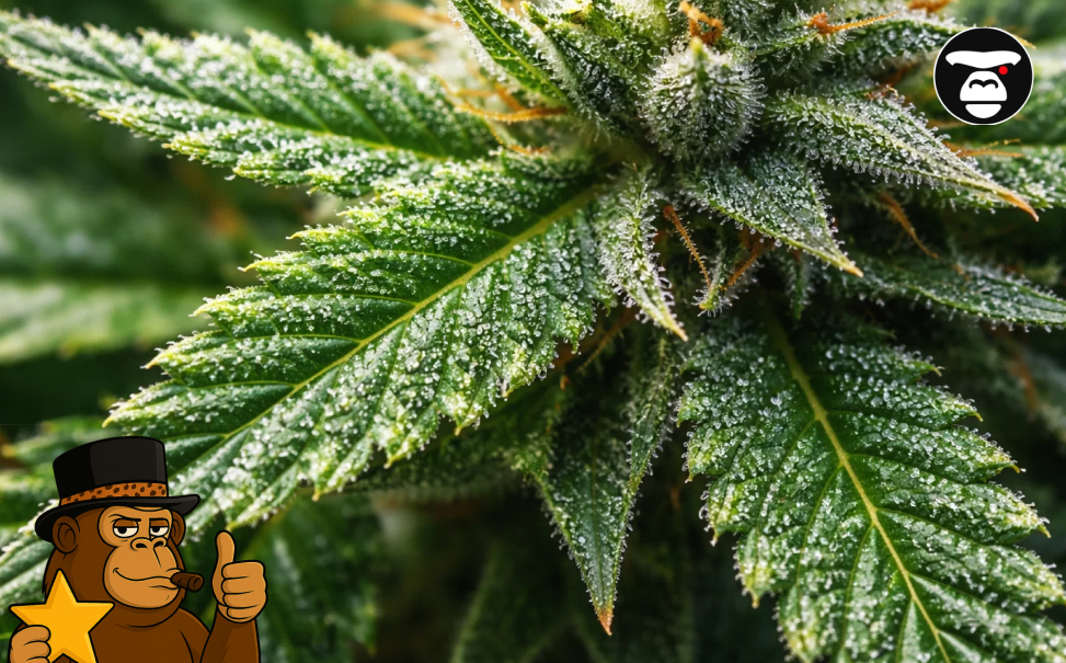 A detailed close-up of a frosty cannabis leaf and bud under bright light, representing popular weed strains in Malibu.