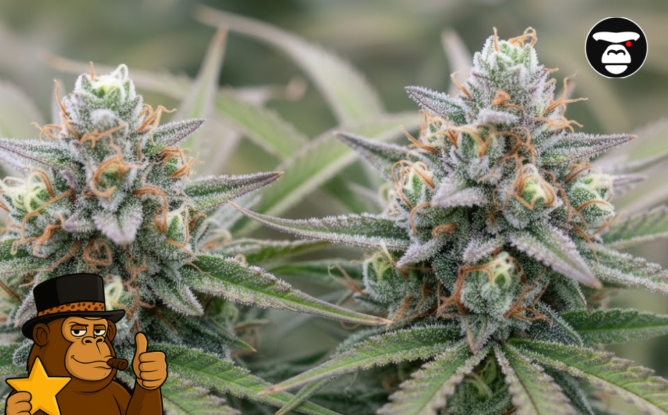 Two developing cannabis colas covered in white trichomes and light green leaves.