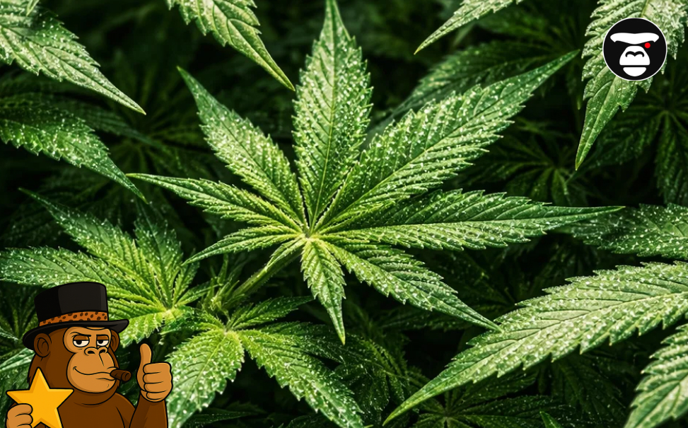 Close-up of developing cannabis colas covered in a thick layer of white resin and orange pistils.