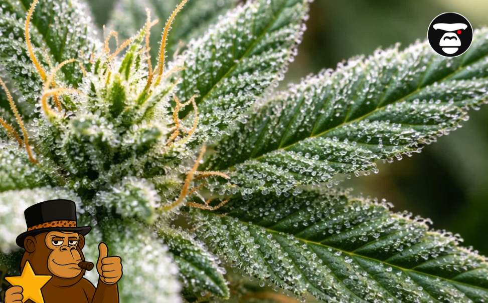 Wide-fingered green cannabis leaves surrounding a young, frosty Mango Haze flower head.