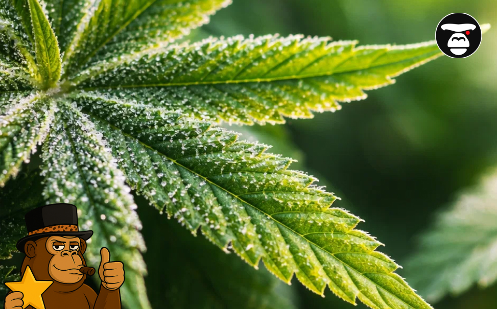 Detailed view of a vibrant green cannabis fan leaf covered in sparkling, crystal-like trichomes.