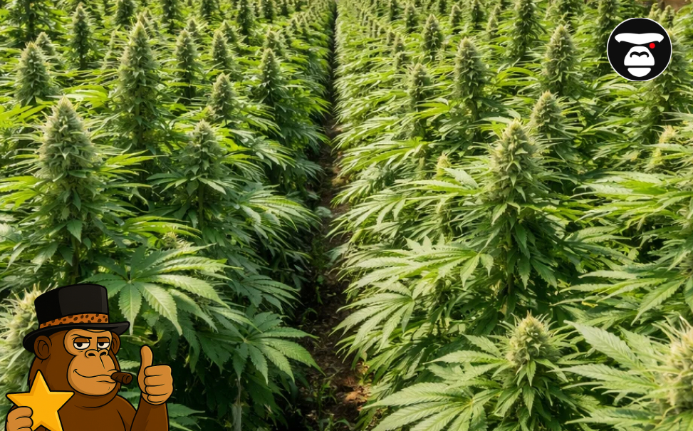 Symmetrical rows of mature cannabis plants with large colas growing in a controlled indoor cultivation environment.