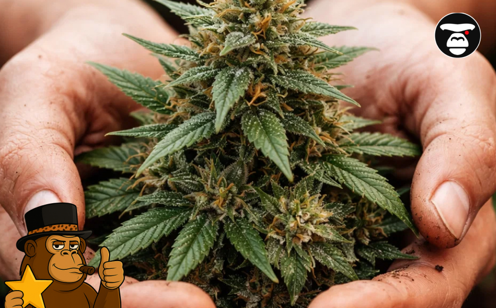 A pair of hands holding a small, mature Mango Kush cannabis plant ready for harvest.