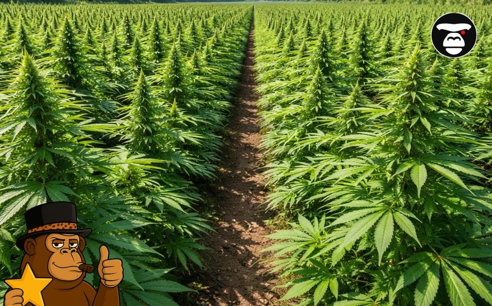 Rows of healthy green cannabis plants growing in an outdoor farm under a clear sky.