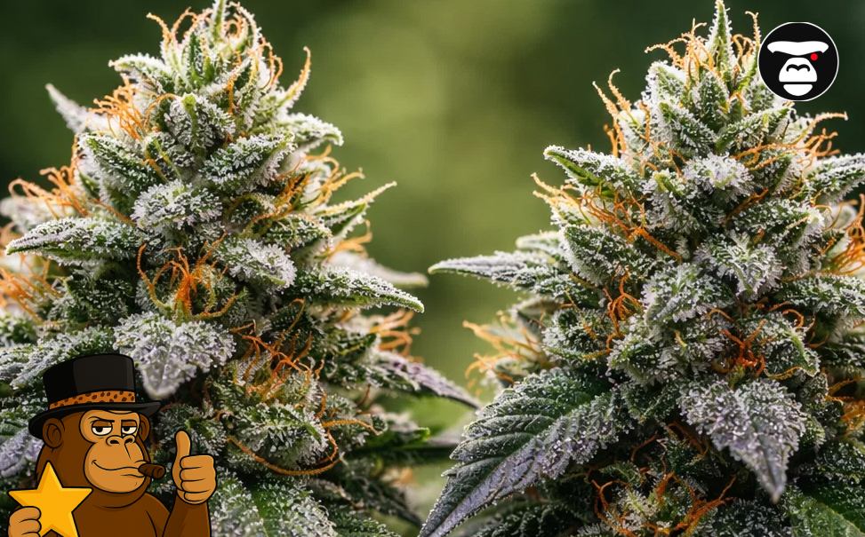 Two large premium indoor cannabis buds covered in orange hairs and crystalline resin.