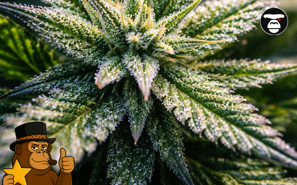 Best Weed Strains In Palm Desert Detailed macro view of shimmering trichomes on cannabis buds of a live premium indoor cannabis plant.