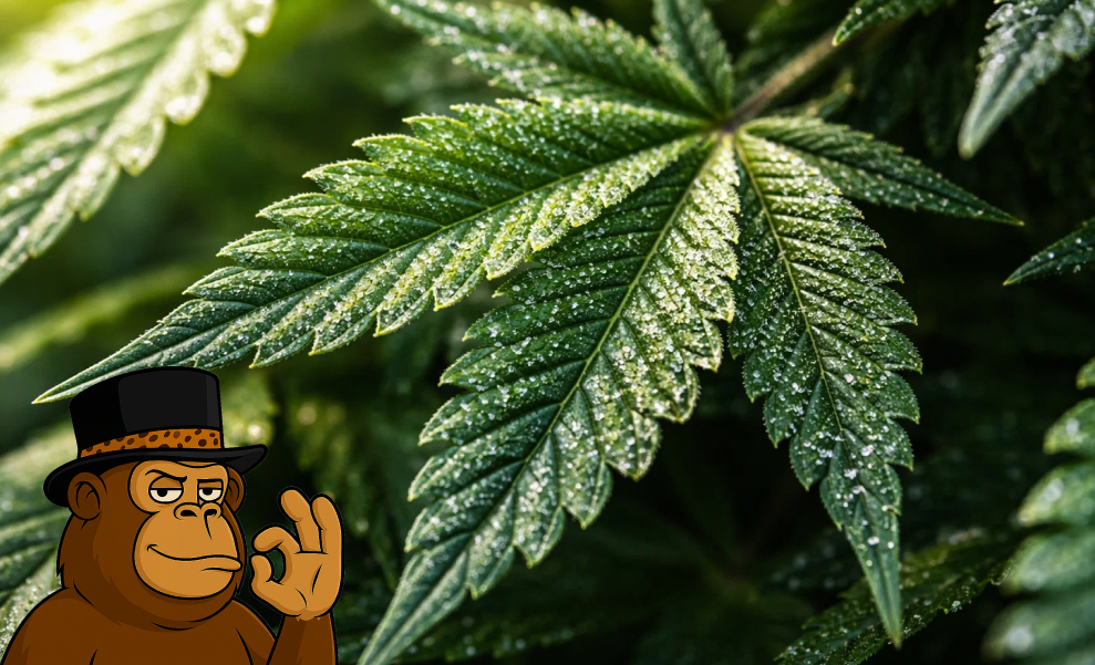 Best Weed Strains In Marina Del Rey Macro photography of a cannabis fan leaf covered in sparkling white resin glands.